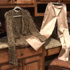 Great open front shaggy woven to waist cover.Plaza pant satin look pant.